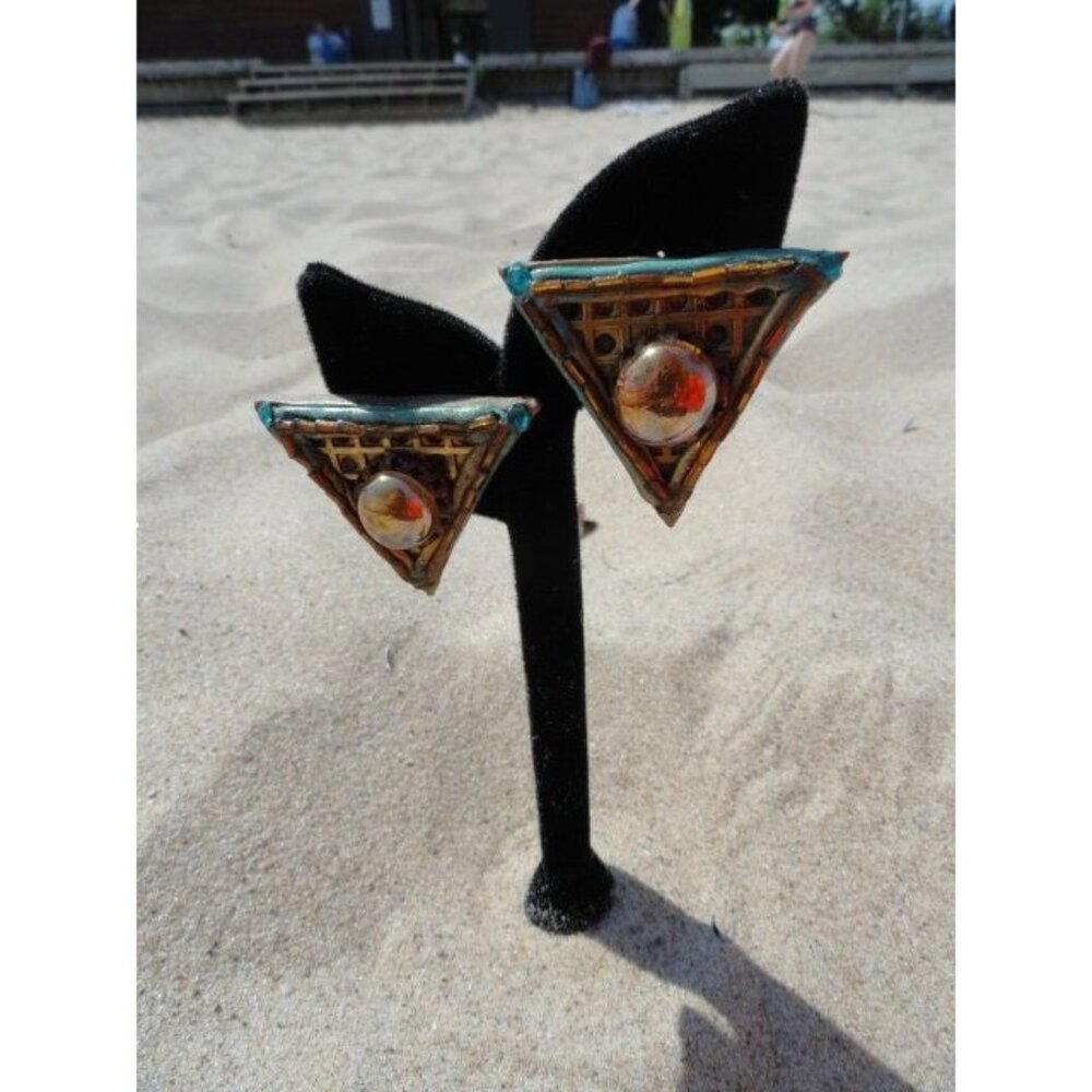 1980's Handmade Resin Triangle Earrings Amber Cabochon Embellished Beads Clip On